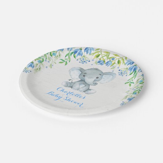 Blumenlephant Baby Boy Dusche Blauer Party Platte Pappteller (Schrägansicht)