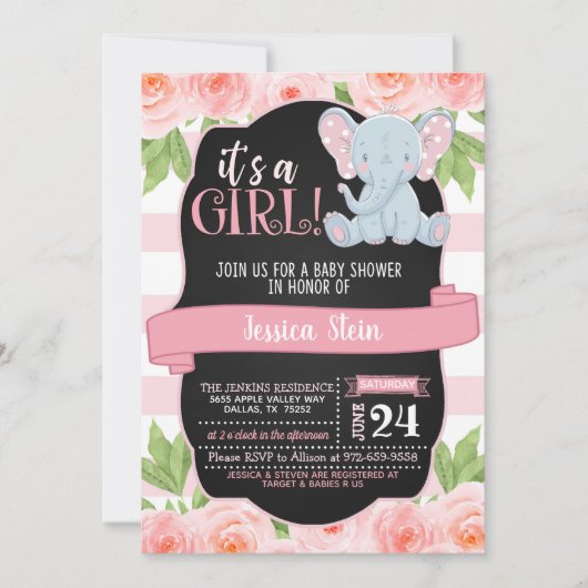 Blumenlephant Baby Shower Invitation - Mädchen Einladung (Vorderseite)