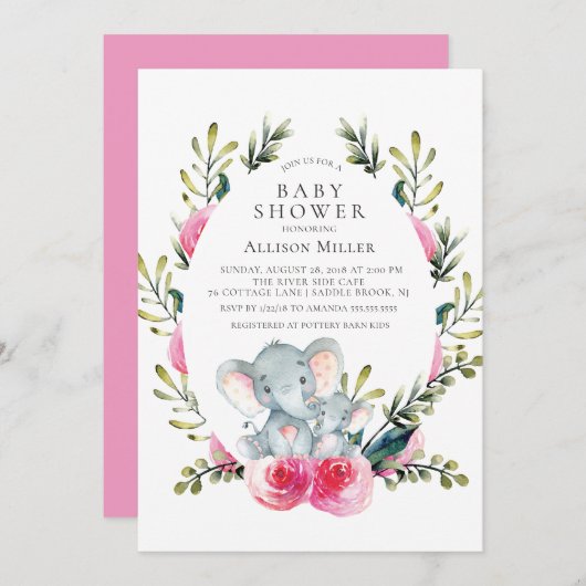 Blumenlephant Babydusche Einladung (Vorne/Hinten)