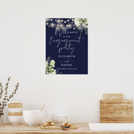 Blumenleuchten Navy Blue Verlobung Begrüßungszeich Poster (Küche)