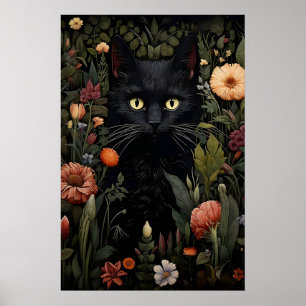 Blumenliebhaber Schwarzkatze Druck, Florale Katze Poster