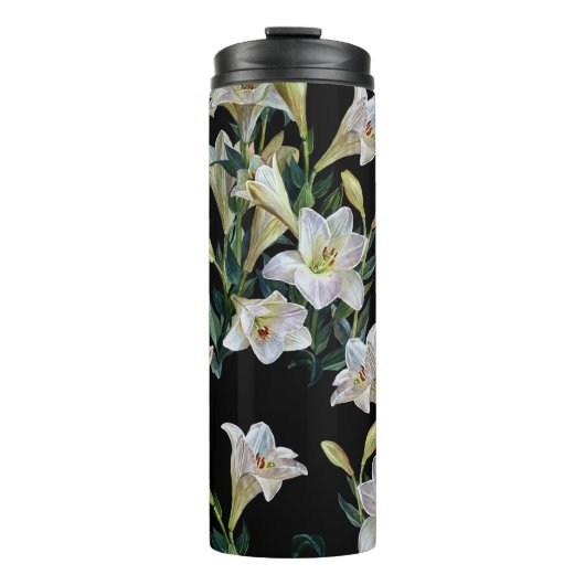 Blumenlilien: Schwarzes Hintergrundbild Thermosbecher (Vorderseite)