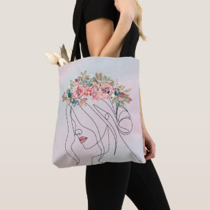 Blumenlinie Kunst Frau mit Wasserfarben-Blumenkron Tasche