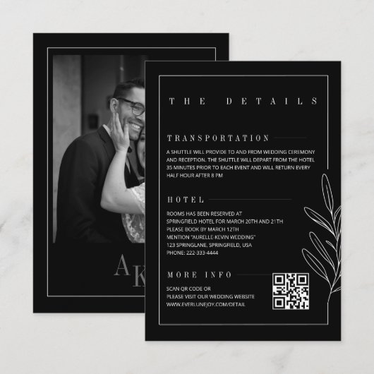 Blumenlinie Rustikal Schwarze Elegante Hochzeitsde Begleitkarte (Vorne/Hinten)