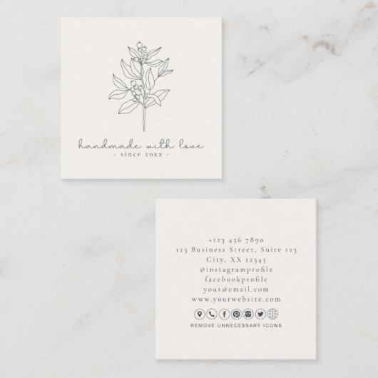 Blumenlogo, handgefertigt mit Liebe weiß Quadratische Visitenkarte (Vorne/Hinten)