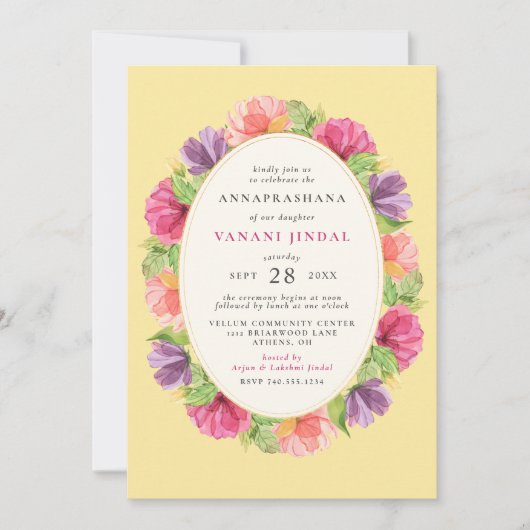 Blumenmädchen Annaprashana Erste Reiszeremonie Einladung (Vorderseite)