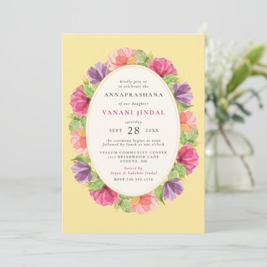 Blumenmädchen Annaprashana Erste Reiszeremonie Einladung (Stehend Vorderseite)