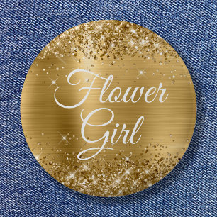 Blumenmädchen Glitzerndes Goldfolie Button