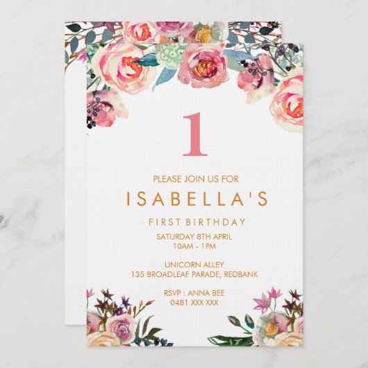 Blumenmädchen im Wasserfarbenbereich - Einladung z (Vorne/Hinten)