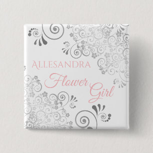 Blumenmädchen-Name-Tag Rosa & Graue Rüschen Button