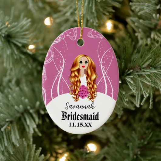 Blumenmädchen oder Bridmaid Pink Redhead Hochzeit Keramikornament (Baum)