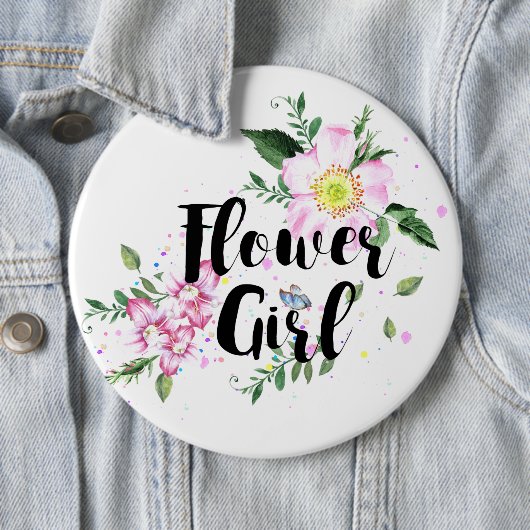 Blumenmädchen Rosa Florale Wasserfarbe Hochzeit Button (Beispiel)