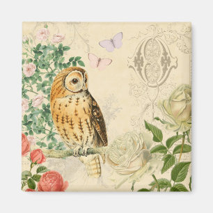 Blumenmagnet mit vintage Eule und schönen Rosen Magnet
