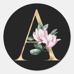 Blumenmagnolie-Monogramm in Gold Runder Aufkleber