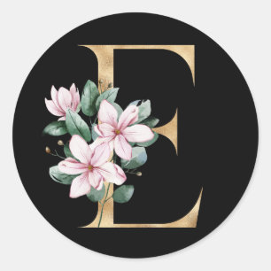 Blumenmagnolie-Monogramm in Goldbuchstabe E Runder Aufkleber