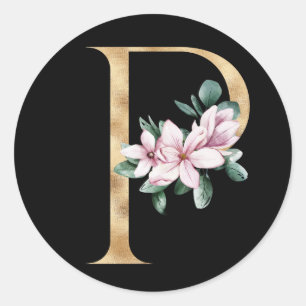 Blumenmagnolie-Monogramm in Goldbuchstabe P Runder Aufkleber