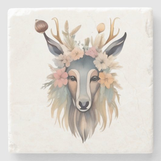BlumenMajestät: Hirsch mit Blüten und Federn Steinuntersetzer (Vorderseite)