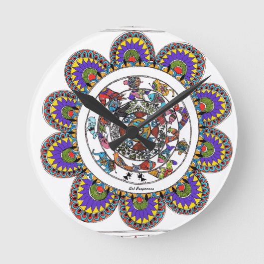 Blumenmandal im Stil Madhubanis Runde Wanduhr (Vorderseite)