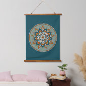 BlumenMandala, Aquamarin, Olivenöl, Rost, Creme Wandteppich Mit Holzrahmen (Schlafzimmer)