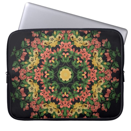 Blumenmandala: rot, gelb Vintag. Laptopschutzhülle (Vorderseite)