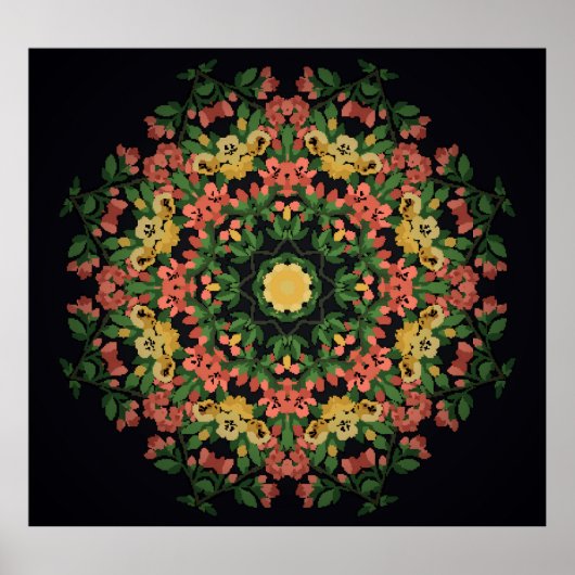 Blumenmandala: rot, gelb Vintag. Poster (Vorne)