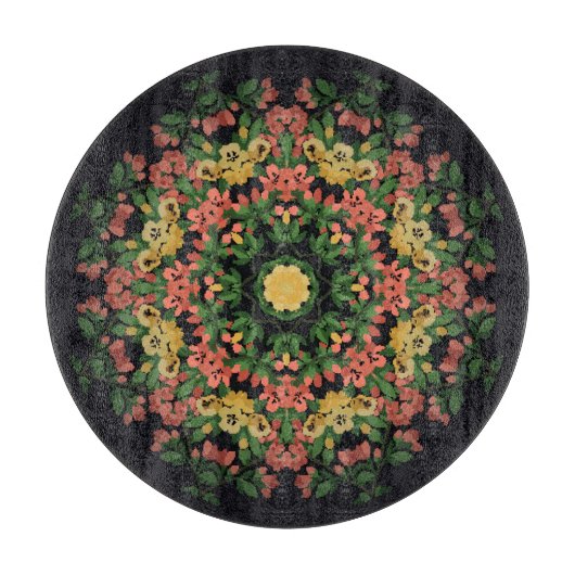 Blumenmandala: rot, gelb Vintag. Schneidebrett (Vorderseite)