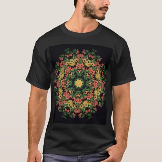 Blumenmandala: rot, gelb Vintag. T-Shirt (Vorderseite)
