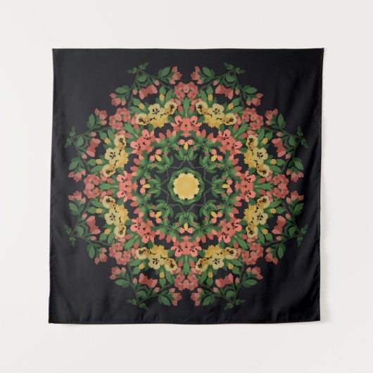 Blumenmandala: rot, gelb Vintag. Wandteppich (Vorderseite)