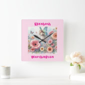 Blumenmärchen der Aquarelldruckerin, rosa Quadratische Wanduhr (Zuhause)