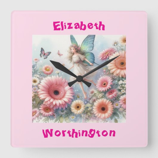 Blumenmärchen der Aquarelldruckerin, rosa Quadratische Wanduhr (Vorderseite)