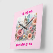 Blumenmärchen der Aquarelldruckerin, rosa Quadratische Wanduhr (Winkel)