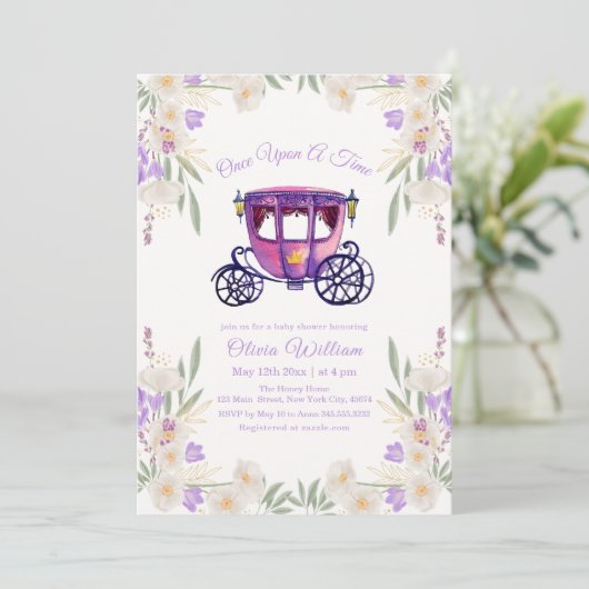 Blumenmärchen, Prinzessin Carriage Baby Dusche Einladung (Stehend Vorderseite)