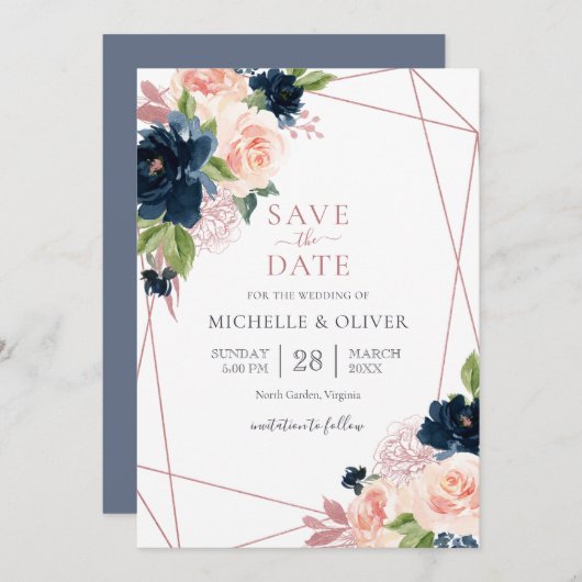 BlumenMarine und Geometrie mit Blush Save the Date Einladung (Vorne/Hinten)