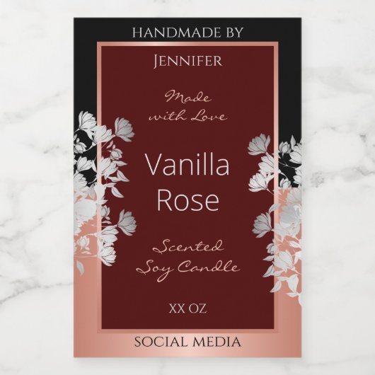 Blumenmarken Burgund Black und Rose Gold Lebensmitteletikett (Einzelnes Label)