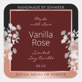 Blumenmarken Burgund Black und Rose Gold Quadratischer Aufkleber