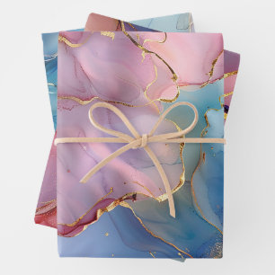 Blumenmarmor Gold Rosa Blau Geschenkpapier Set