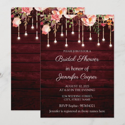 Blumenmaroon Holz Rustikales Brautparty Einladung (Vorne/Hinten)