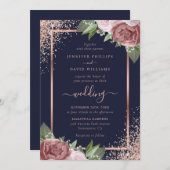 Blumenmarsch, blaue Rose Gold Confetti Wedding Einladung (Vorne/Hinten)