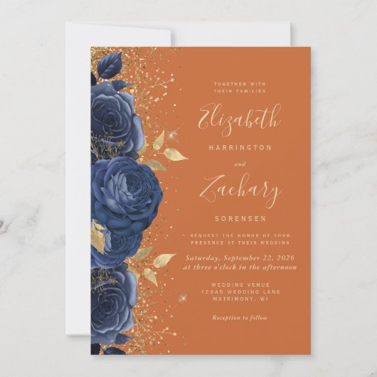 Blumenmarsch Blue Gold Burnt Orange Wedding Einladung (Vorderseite)