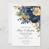 Blumenmarsch Blue Gold Garden Elegante Hochzeit Einladung (Vorderseite)