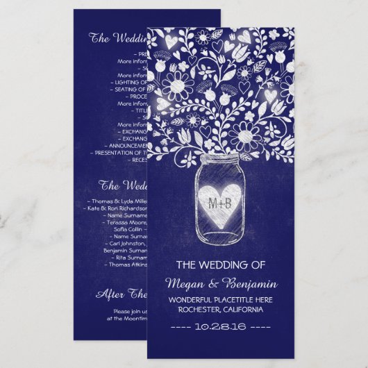 Blumenmason Jar Royal Blue Hochzeitsprogramme Programm (Vorne/Hinten)