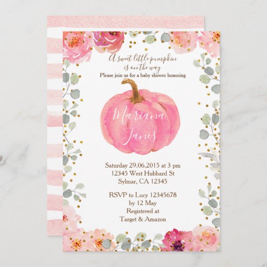 Blumenmäulenkürbis Babydusche Wasserfarbe Rosa Einladung (Vorne/Hinten)