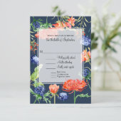 Blumenmenü Navy Orange Blume Grünflächen RSVP Karte (Stehend Vorderseite)