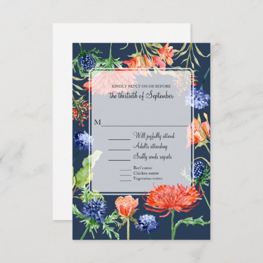 Blumenmenü Navy Orange Blume Grünflächen RSVP Karte (Vorne/Hinten)