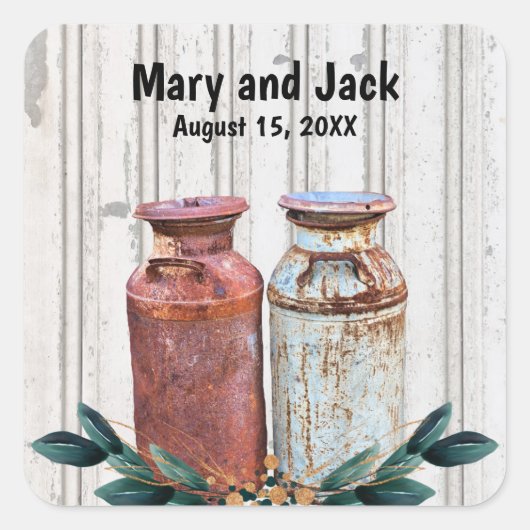 Blumenmilch Dosen Vintag rustikale Antike Quadratischer Aufkleber (Vorderseite)