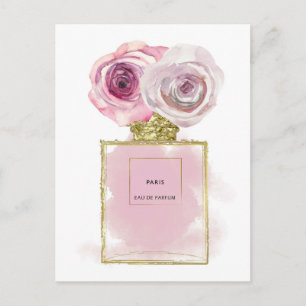 Blumenmode Parfümflasche rosa Rosen Gold Glamour Postkarte