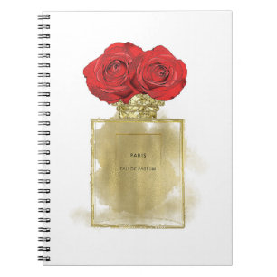 Blumenmode Parfümflasche rote Rosen Gold Glamour Notizblock