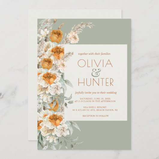 Blumenmodern Silver Sage Green All-in-One Hochzeit Einladung (Vorne/Hinten)