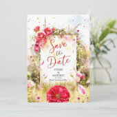 Blumenmoderne Crimson-Rote Rosen Hochzeit Save The Date (Stehend Vorderseite)