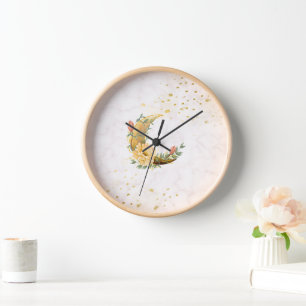 Blumenmond, Beige und Gelbe Grafik Uhr